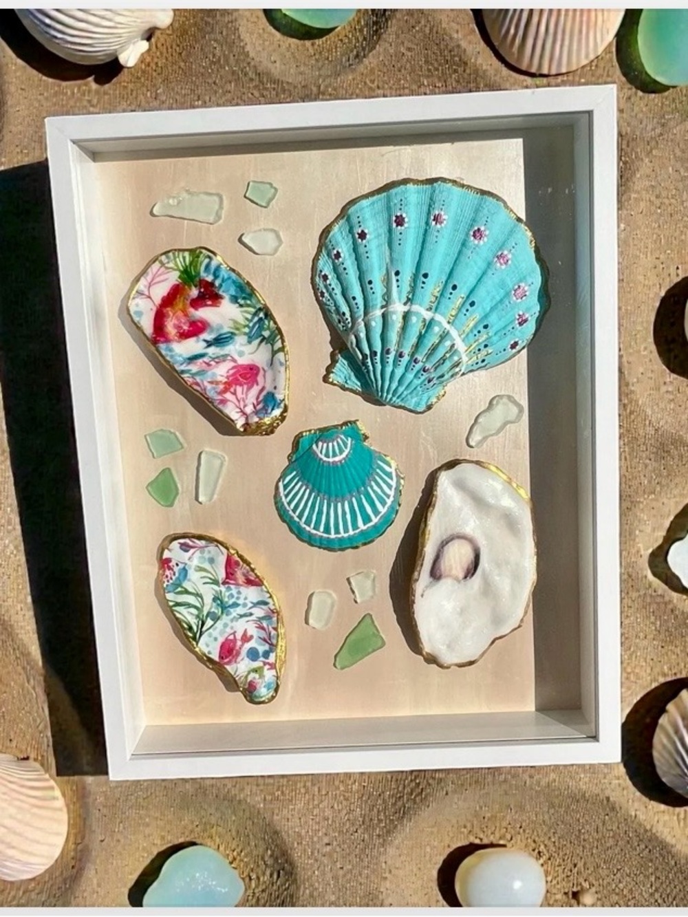Fish Shell Shadow Box Wall Art  - Oyster & Scallop Shells | Beach Cottage Decor